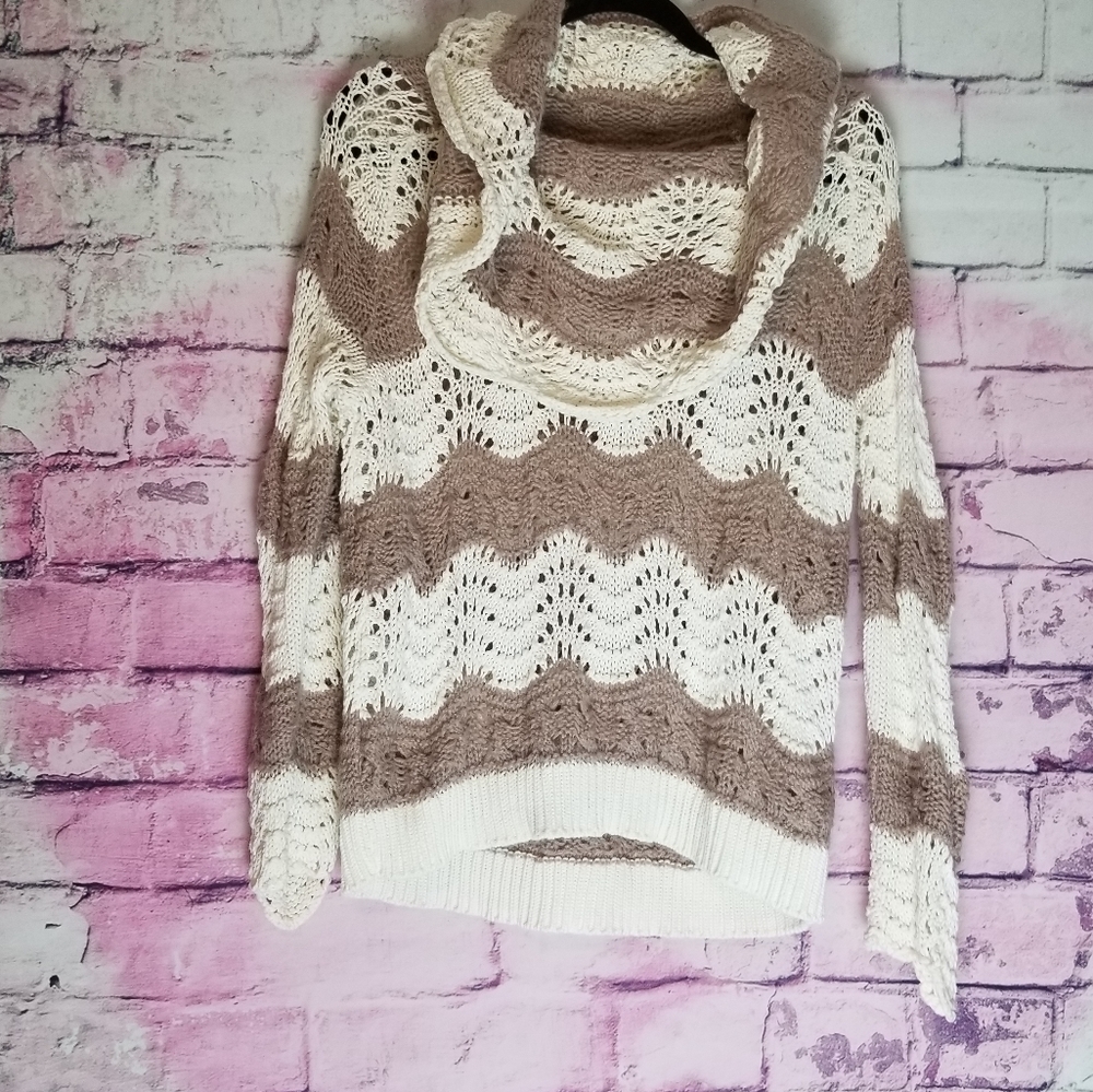SUN & SHADOW WOOL MOHAIR OPEN CROCHET KNIT FOLDOVER COWL NECK SWEATER M